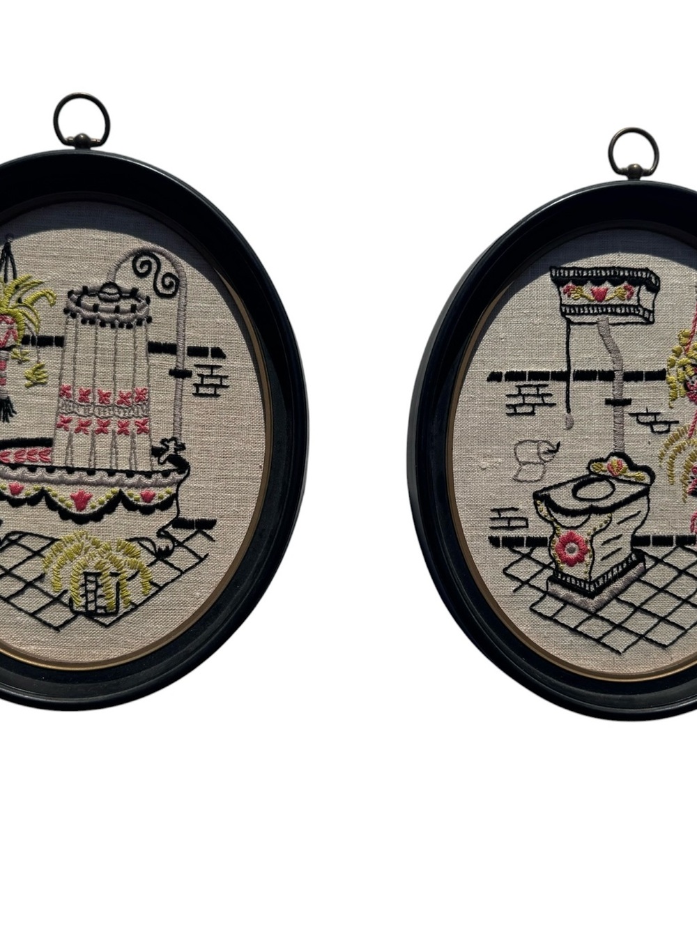 Two OVAL framed Victorian John and Tub Crewel 8”x10” by Needles and Hoops